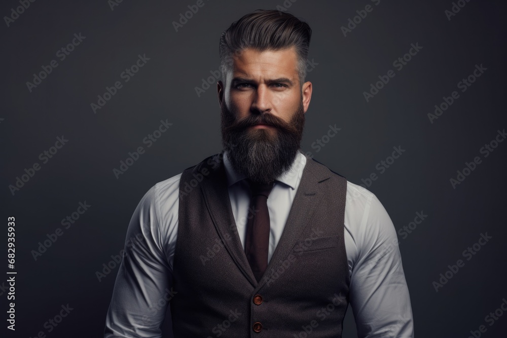 Close-Up Portrait of Bearded Businessman in Trendy Waistcoat and Moustache over Neutral Gray Background with Copy Space for Mock-Up