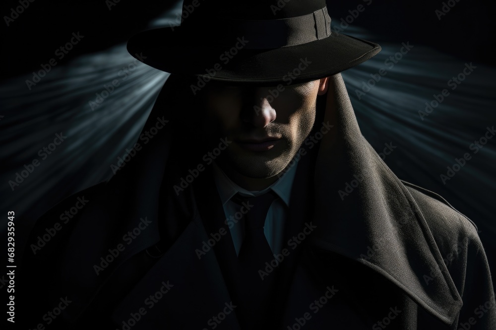 Mysterious Person in Shadow. Portrait of Handsome Anonymous Male Fashion Model with Hidden Identity. Unknown Stranger, Stalker, Thief or Gangster