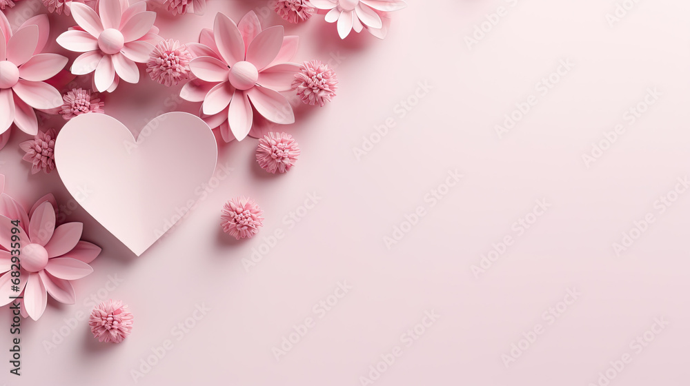 pink  flowers and a heart  on a pink background,  Valentine's Day banner, love, copy space 