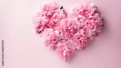 pink peonies flowers arranged in a heart  on a pink background,  Valentine's Day banner, love, copy space