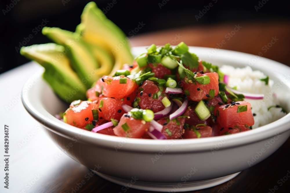 Fine Dining Hawaiian Ahi Poke Bowl with Avocado, Green and Asian Flavors Fine Dining Hawaiian Ahi Poke Bowl with Avocado, Green and Asian Flavors