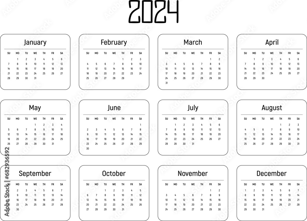 Horizontal thin calendar for 2024 year. White background. Isolated vector image. Planner template