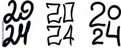 Set of 2024 handwriting font. White background. Isolated typography vertical bold text. Vector photo