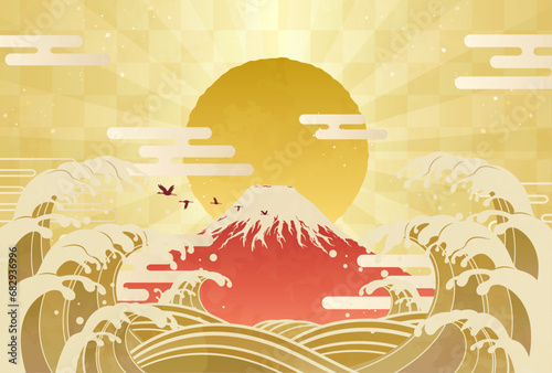 波と富士山と初日の出のイラスト_横3