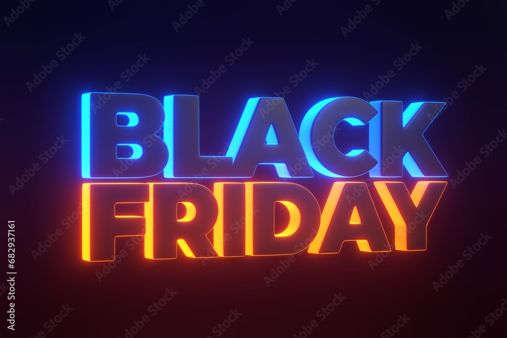 Black Friday text with bright glowing futuristic blue and orange neon lights on a black background. Black Friday Super Sale concept. 3D render illustration