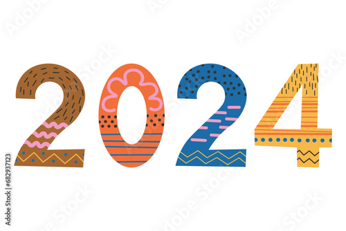 2024 new year hand drawn number vector illustration. Happy New Year 2024 modern art lettering for banner, template, card, poster, congratulation. Festive design element for print, paper, decoration