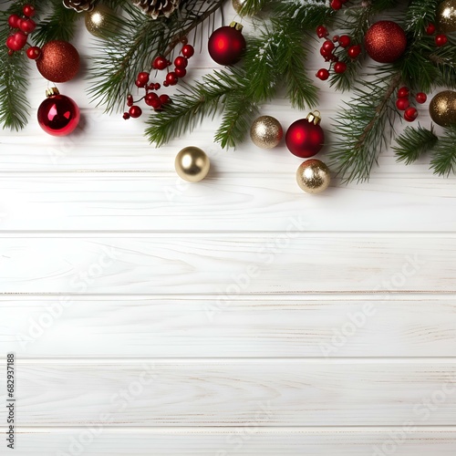 Christmas background with fir branches and baubles on white wooden background (Image generated using artificial intelligence)
