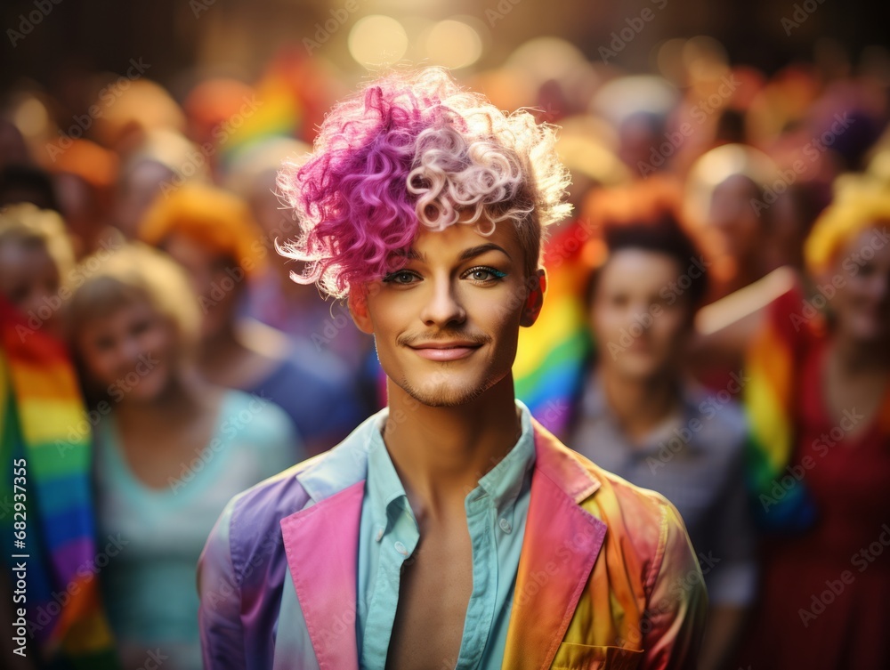 LGBTQI+ Celebration: The Confident Non-Binary Person Leading a Diverse Group Individuals. A non-binary person with pink hair standing in front of a group of people.