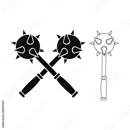A minimalistic black vector icon of a medieval mace or Morgenstern, symbolizing power, barbarian warfare, and antique battles in a simple silhouette design.