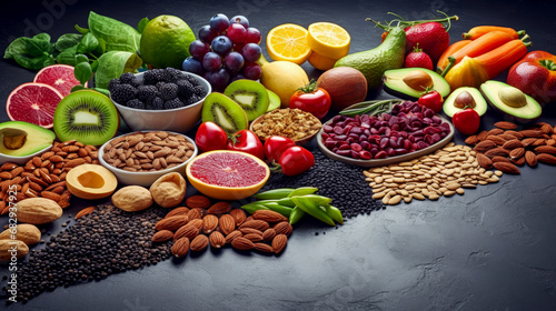 Selection of healthy food. Super foods, various fruits and assorted berries, nuts and seeds.