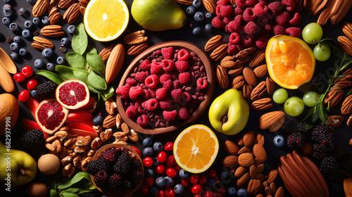 Selection of healthy food. Super foods, various fruits and assorted berries, nuts and seeds. photo