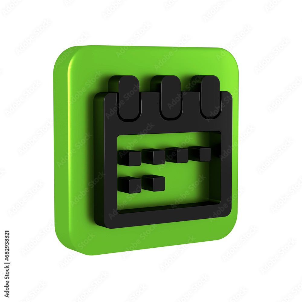 Black Calendar icon isolated on transparent background. Event reminder symbol. Green square button. Black Calendar icon isolated on transparent background. Event reminder symbol. Green square button.