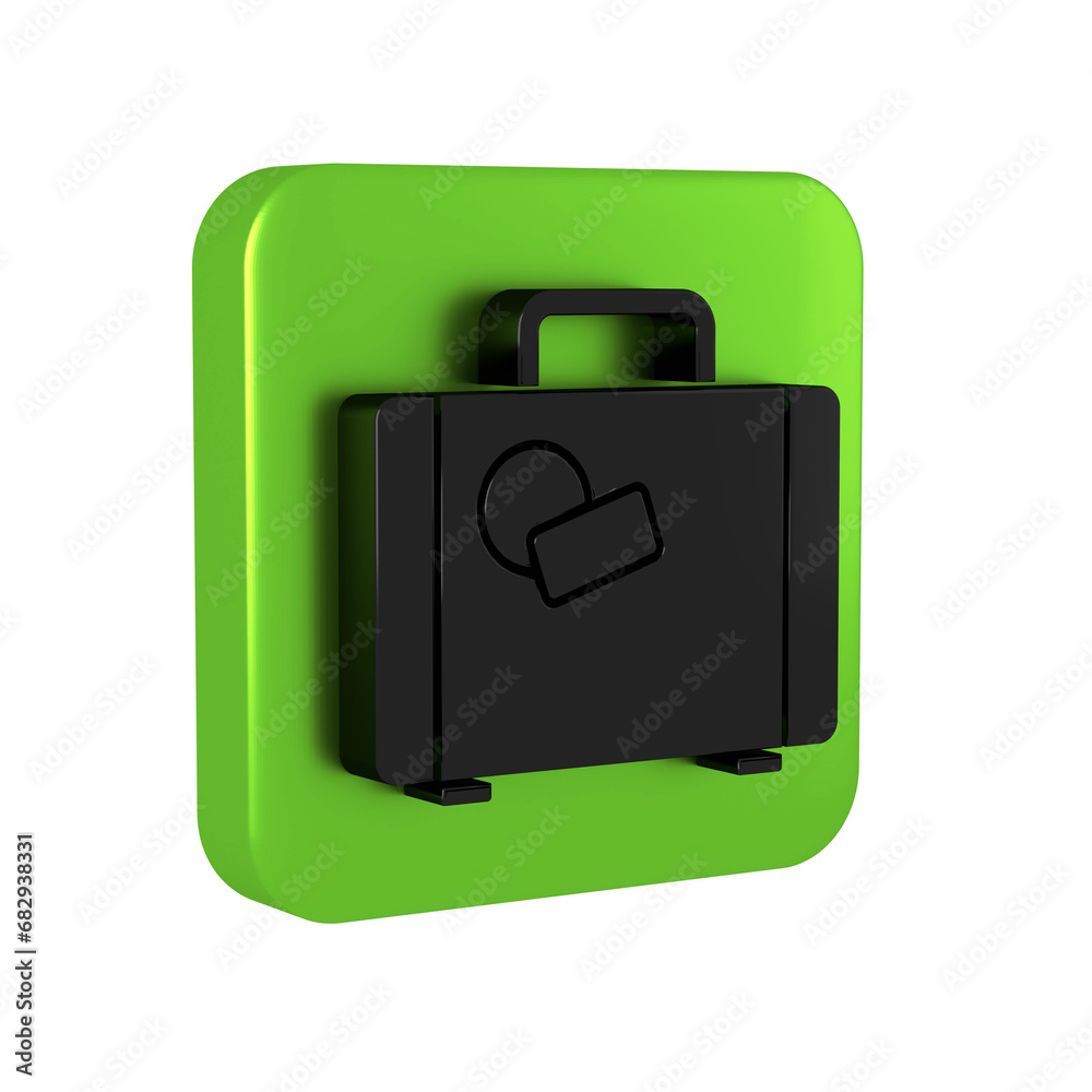 Black Suitcase for travel icon isolated on transparent background. Traveling baggage sign. Travel luggage icon. Green square button. Black Suitcase for travel icon isolated on transparent background. Traveling baggage sign. Travel luggage icon. Green square button.