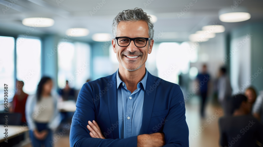 Smiling businessman standing in front of team in the office Smiling businessman standing in front of team in the office