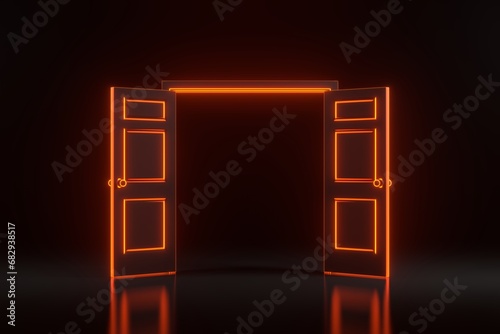 Open door in a room with bright glowing futuristic orange neon lights on black background. Architectural design element. 3D render illustration
