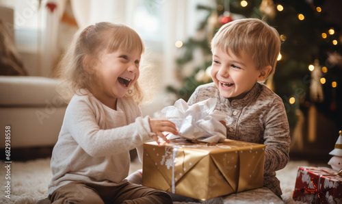 Festive Unwrapping  Children Joyfully Opening New Year s Gifts - Pure Delight and Excitement.