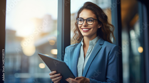 A young businesswoman stands in an office with a tablet in her hands.