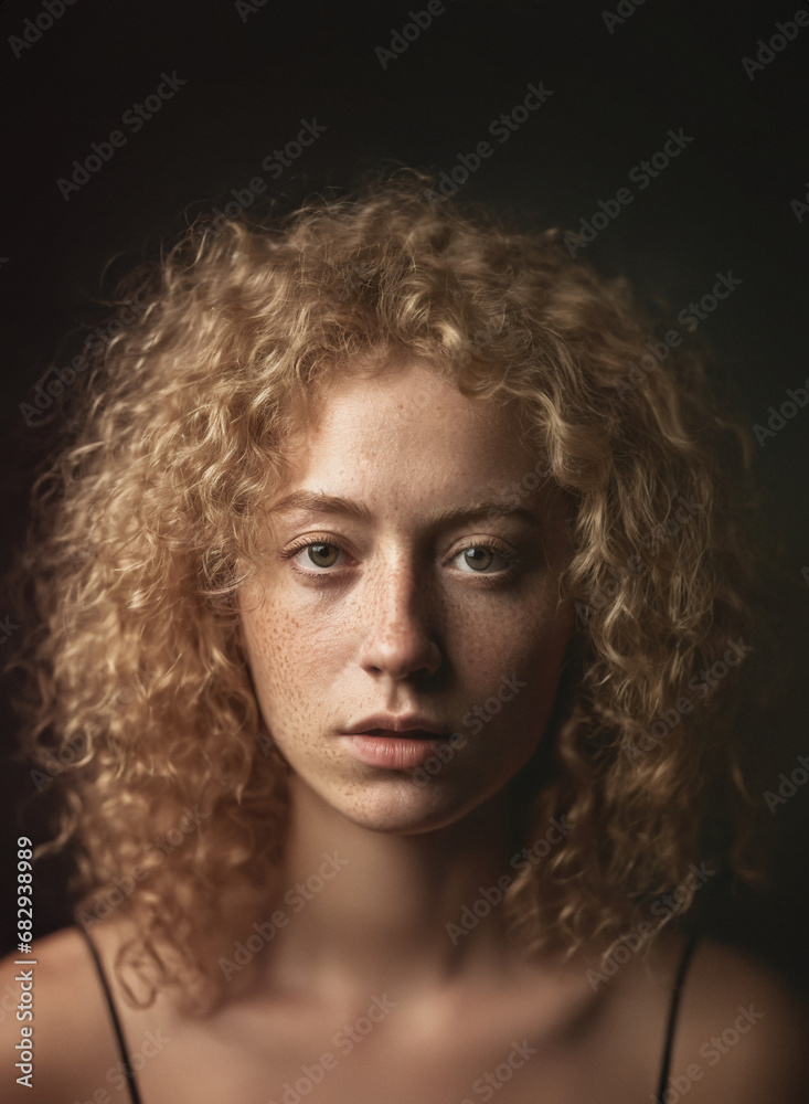 ritratto di giovane ragazza dai capelli biondi e ricci, illuminazione con sfondo scuro ritratto di giovane ragazza dai capelli biondi e ricci, illuminazione con sfondo scuro