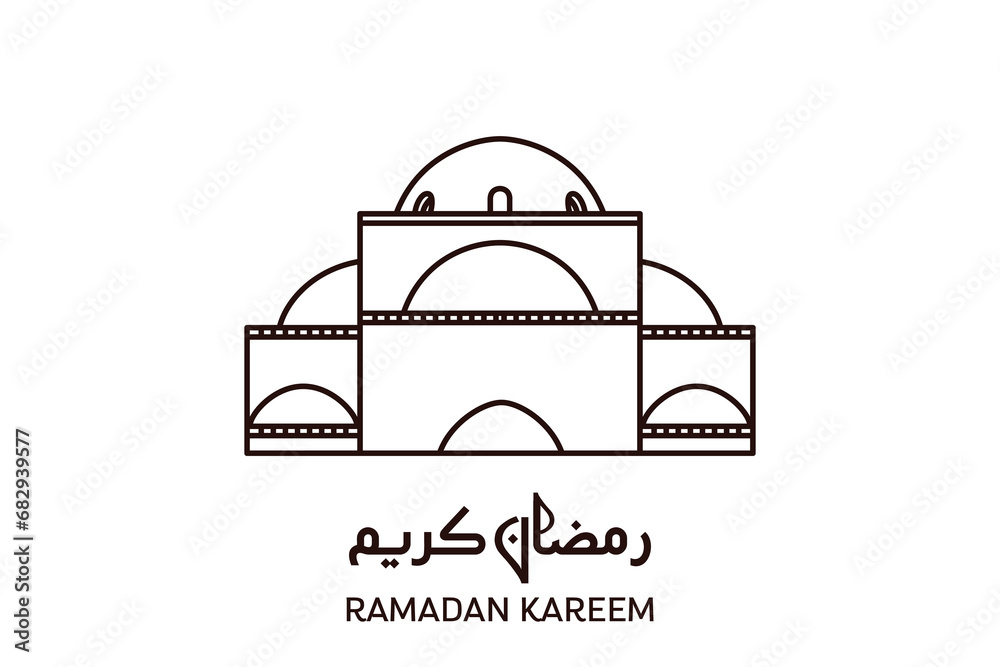 Ramadan Kareem vector greeting post design. Islamic holiday icon concept. Ramadan Kareem Arabic calligraphy design. Modern Style Ramadan Mubarak greeting cards design, moon, mosque dome and lanterns.