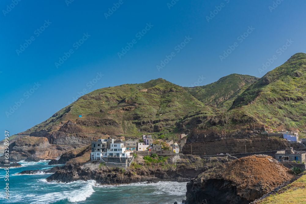 Coastal landscapes with houses and green mountain of Santo Antao Island