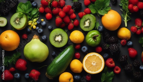 Fresh fruits  vegetables and berries. On a black background. Banner Top view