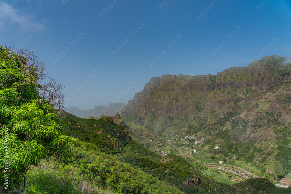 Grand valley view with volcanic mountains surrounding with green grass on Santo Antao Island, Cape Verde Grand valley view with volcanic mountains surrounding with green grass on Santo Antao Island, Cape Verde