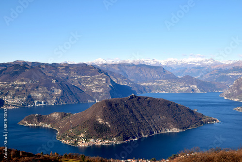 Spectacular view of Monte Isola and Lake Iseo with in the background the Orobiche Alps - Brescia - Italy 02