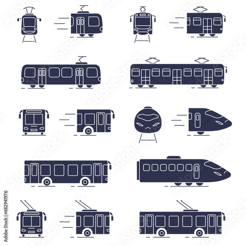 Dark icons of public transport. Public transport. Vector illustration of public transport.