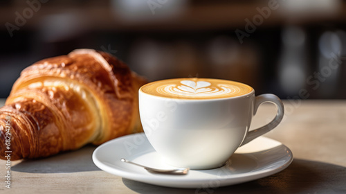 Cup of coffee accompanied by a fresh croissant and scattered coffee beans on a wooden table