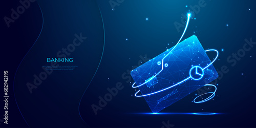 Abstract bank card with neon swoosh with percentage and time icon. Deposit or cash back concept. Digital money, online payment, and credit cards in light blue neon on a technology background. Vector