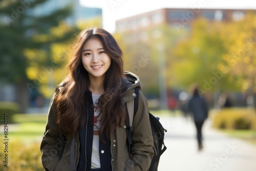 Beautiful Asian College Student Carrying Backpack and Book on Campus - Academic Adolescence Beauty © AIGen