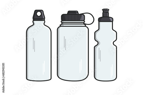 Gym water bottle collection with carry strap vector icon illustration. Drink objects icon design concept, Gym bottle, School water bottle, Drinking water, Fitness flask, Sport water bottle,