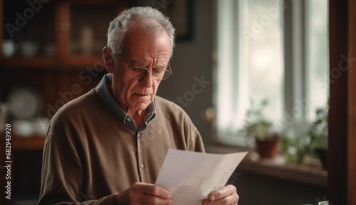 Mature Senior Older Man Worried Reading Letter photo