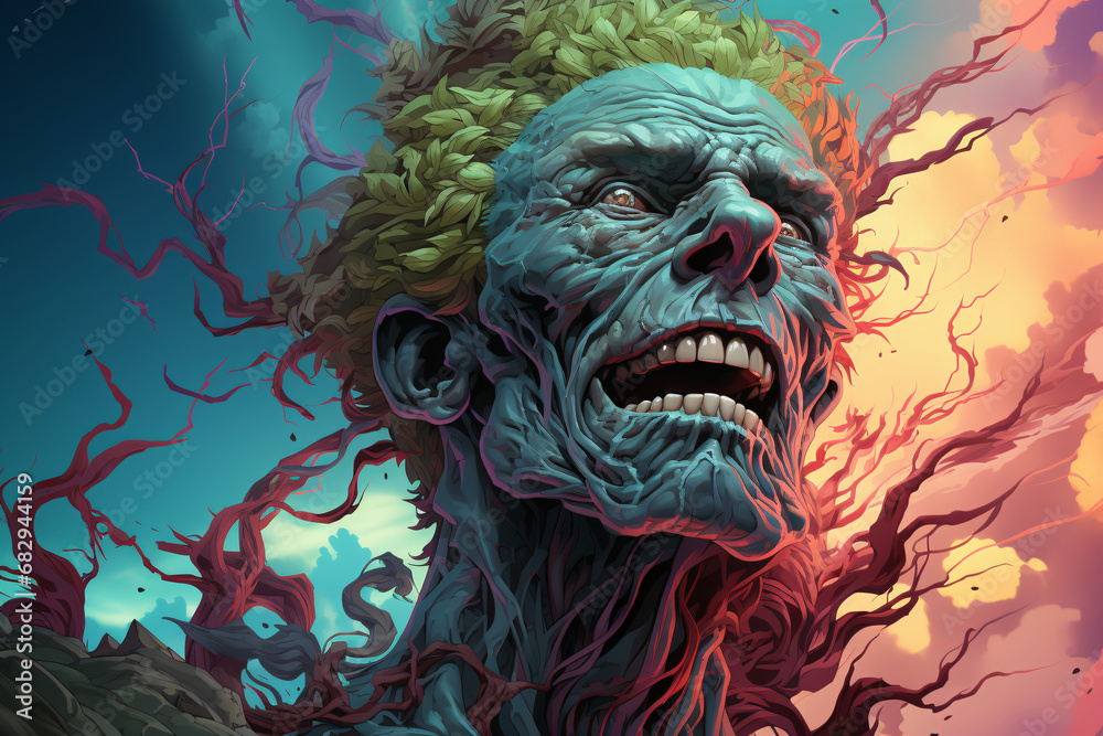 a green zombie, a living dead man with an open mouth and burning eyes. close-up portrait.