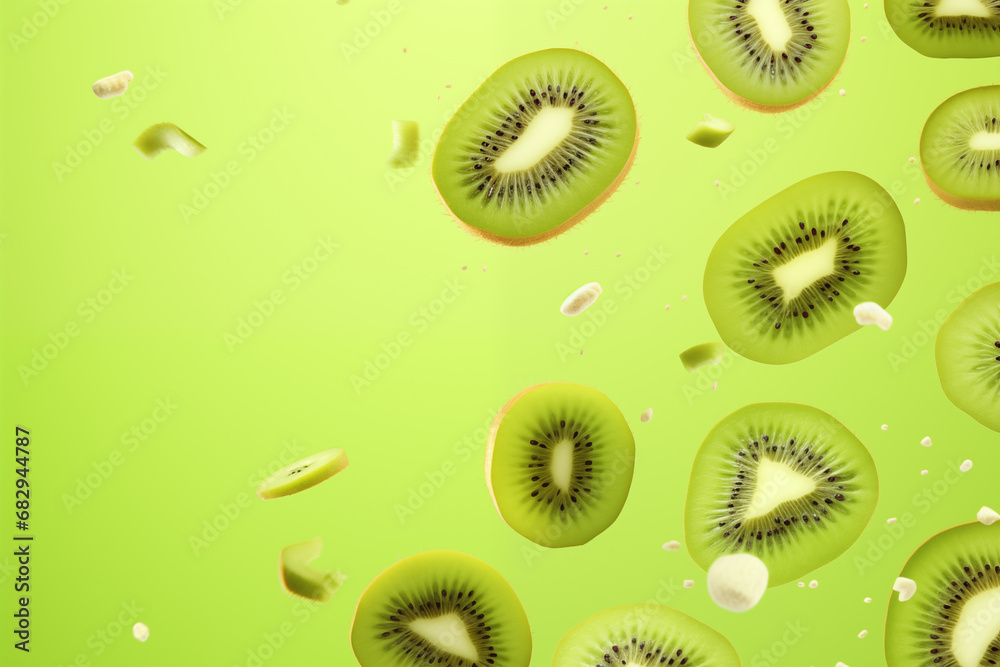 Fototapeta premium Levitating kiwi slices with splashes on green. Generative AI