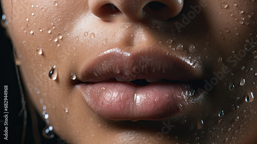 Close up of a woman's lips with water drops 