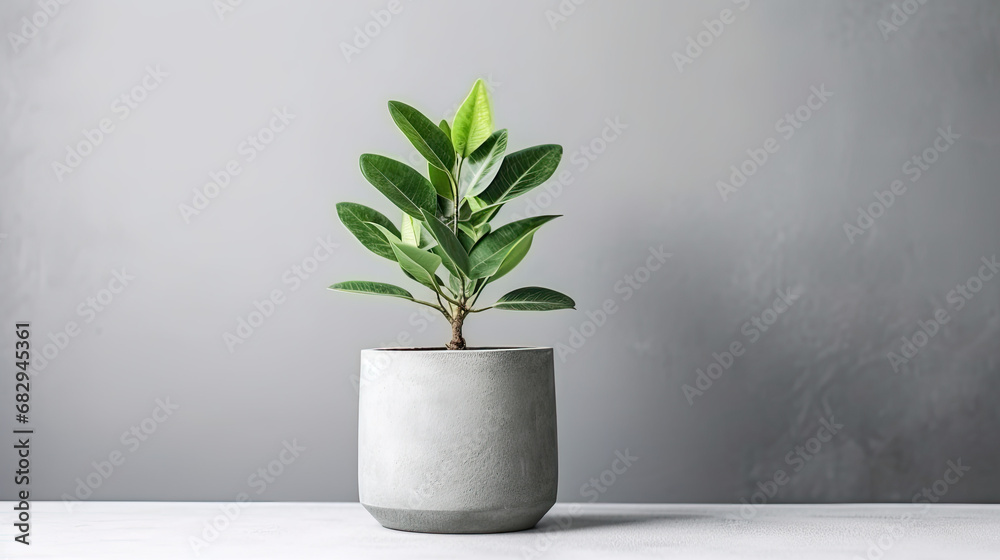 Green plant in a concrete pot on a grey background Green plant in a concrete pot on a grey background