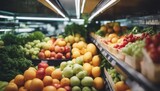 Fruits and vegetables in the refrigerated shelf of a supermarket
