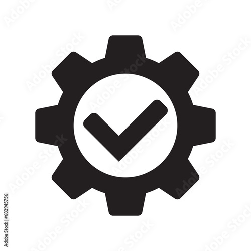 Check mark with gear icon, cog with check icon.