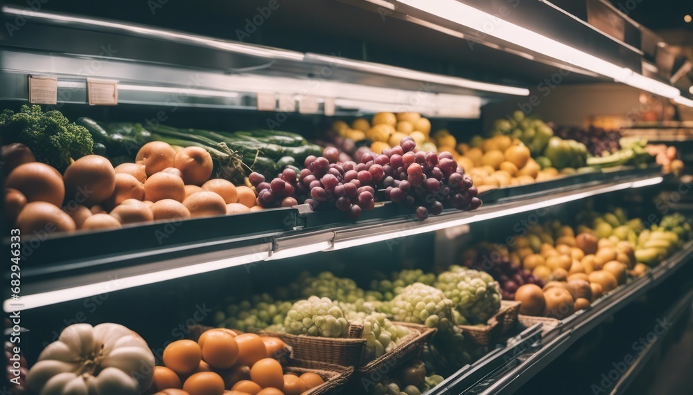 Fruits and vegetables in the refrigerated shelf of a supermarket - obrazy, fototapety, plakaty 