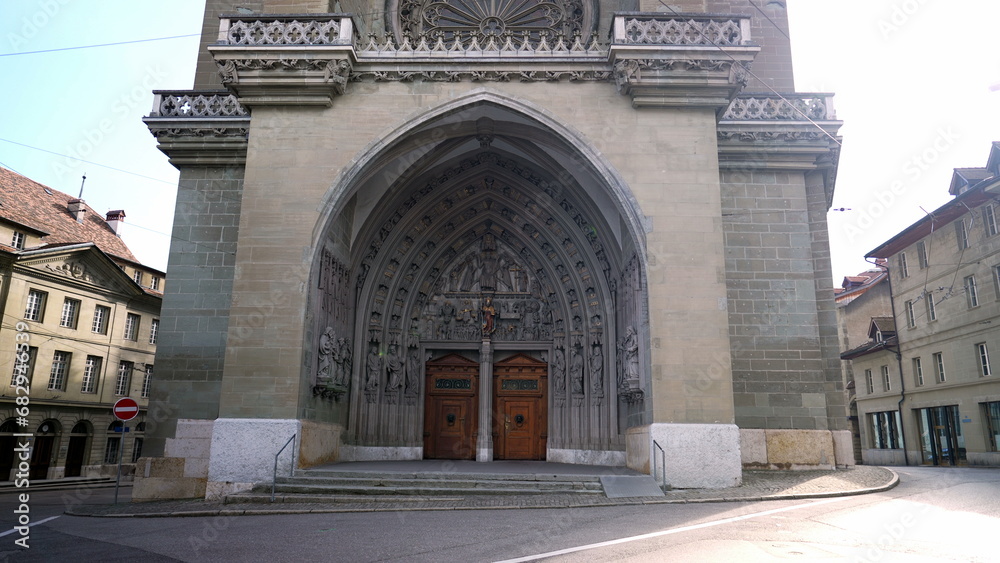 Fribourg, Switzerland Circa March 2022 - Exterior of Saint Nicolas Cathedral Fribourg
