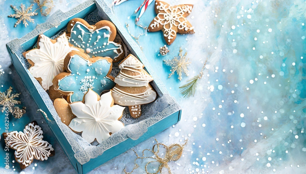 Glazed gingerbread in a decorative box. Christmas blue background with space for text - obrazy, fototapety, plakaty 