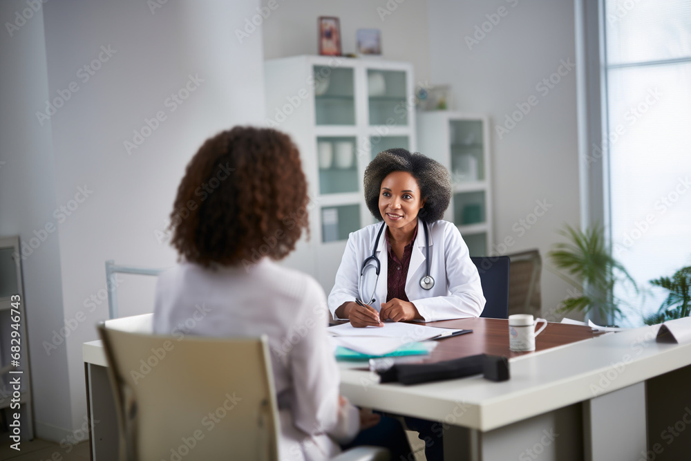 African American doctor consults an elderly patient. Medical consultation. AI generated.