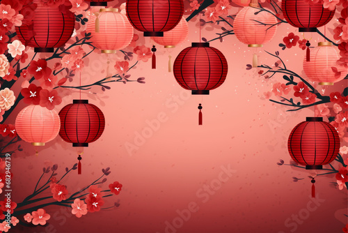 chinese new year background with red lantern with flowers and red flowers