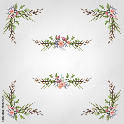 Set Botanic Blossom Floral Elements. Bloom Foliage