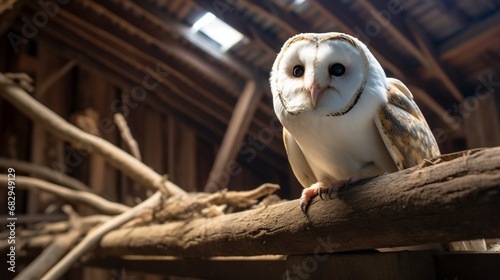 A wise-looking wise-looking barn owl nestled in the rafters of an old barn.