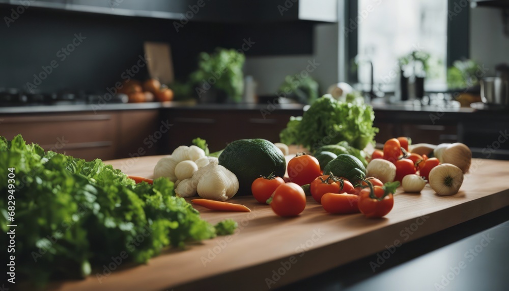 Fresh vegetables on table in modern kitchen Fresh vegetables on table in modern kitchen