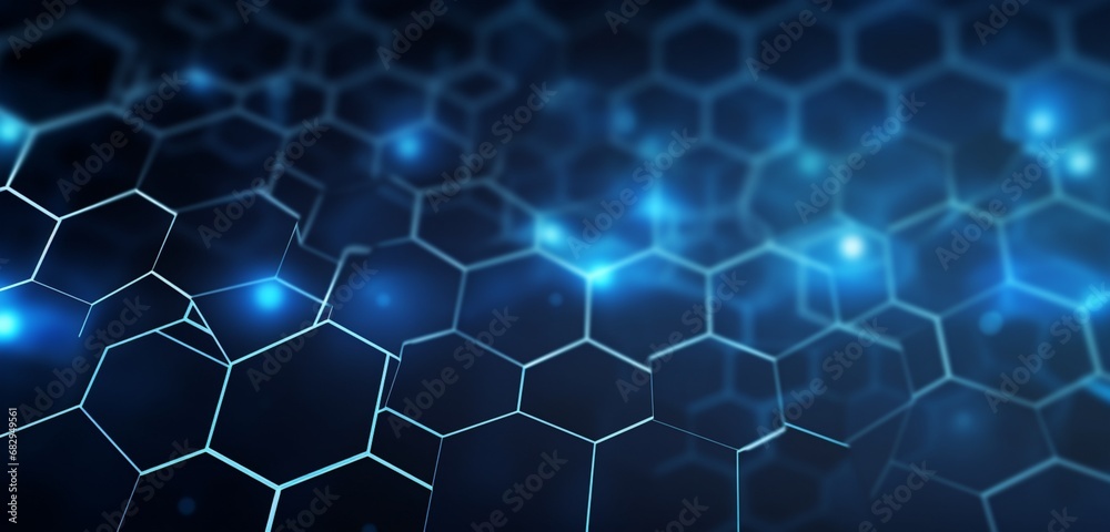 Hexagonal geometric pattern in brilliant dark blue background. Background in medical technology and healthcare. Science-related graphic concept design. - obrazy, fototapety, plakaty 