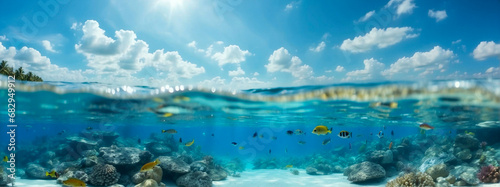Half underwater wide angle shot, clear turquoise water and sunny blue sky with clouds. Tropical ocean. Beautiful landscape.