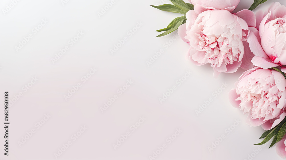 bouquet of peony flowers on a pink background, copy space